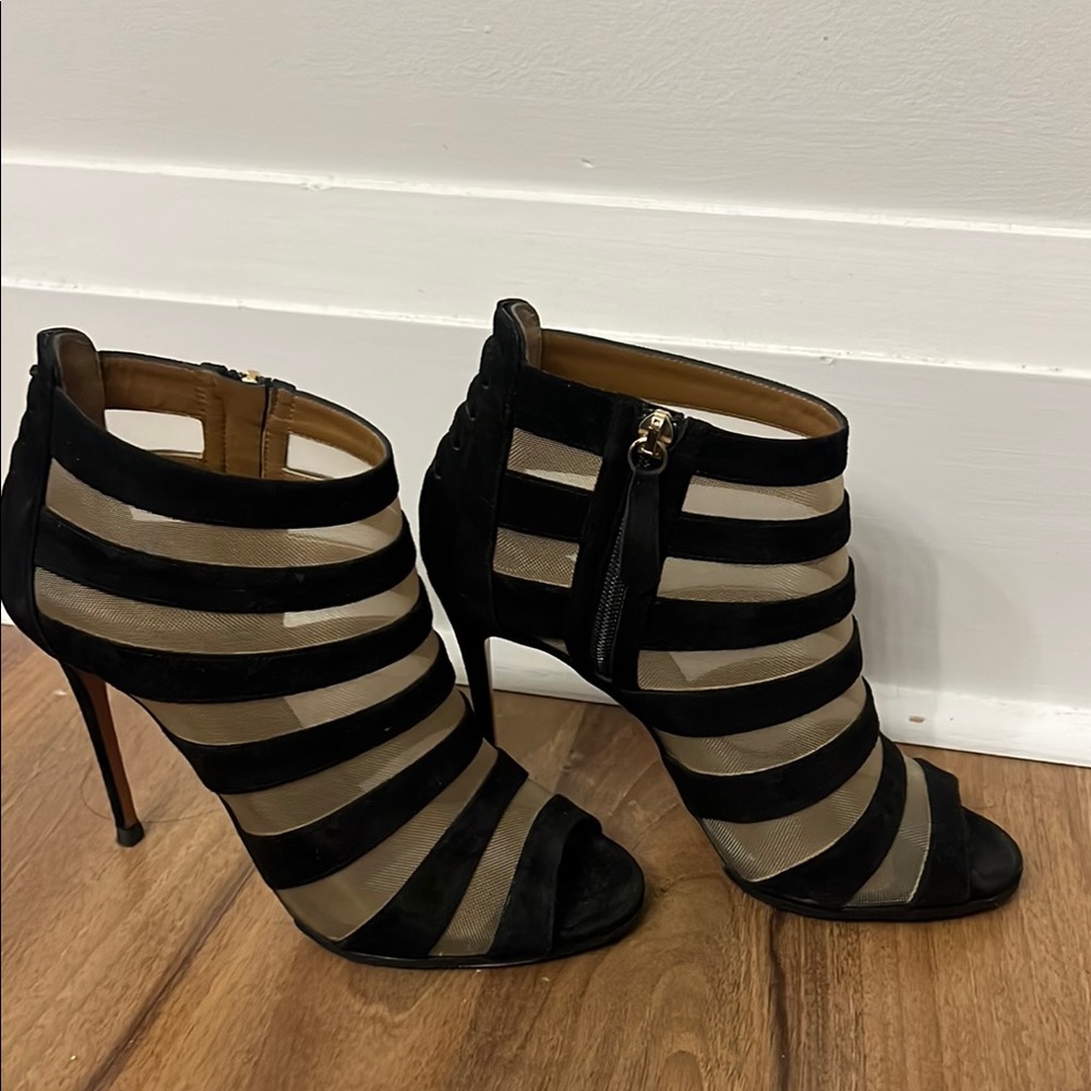 Aquazzura Black and Tan Striped Heels